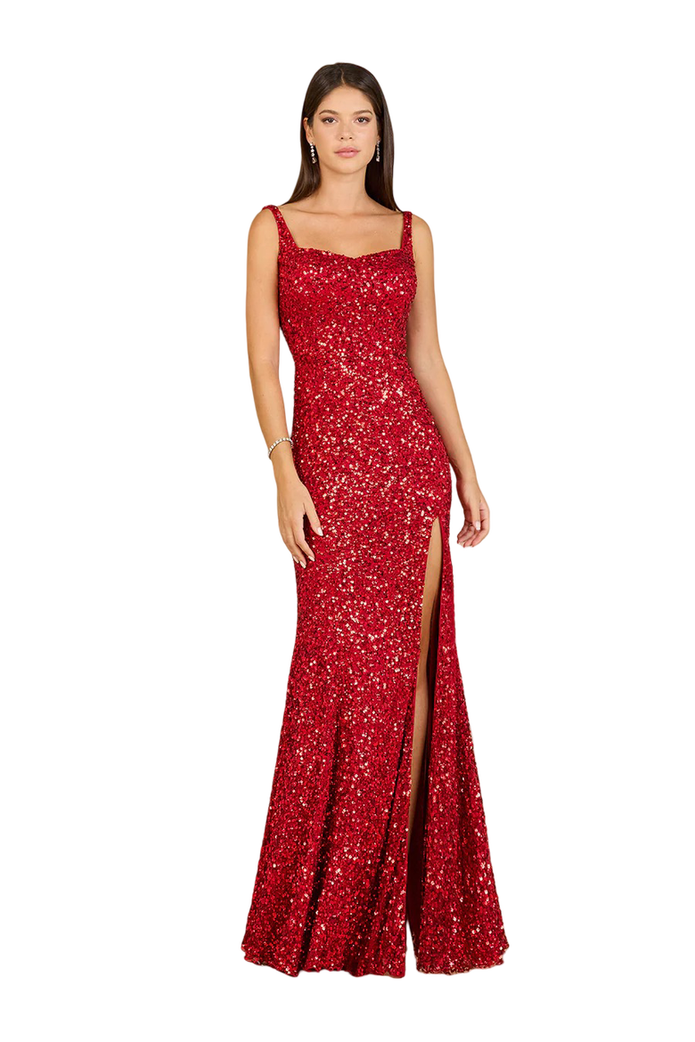 Sweetheart Neckline, Beaded Gown with Slit, Main, color, Red