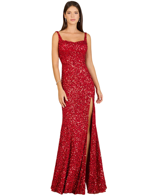 Lara New York Sweetheart Neckline, Beaded Gown With Slit In Red