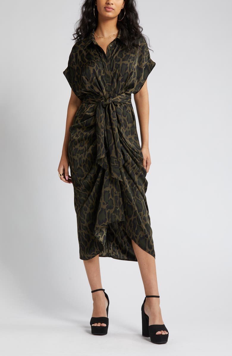 Steve Madden Tori Leopard Print Tie Waist Shirtdress, Alternate, color, 