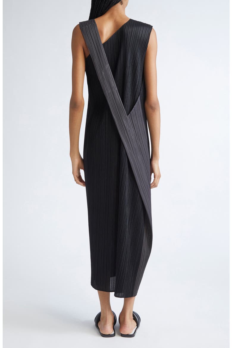 Pointe Pleated Asymmetric Sleeveless Midi Dress, Alternate, color, BLACK