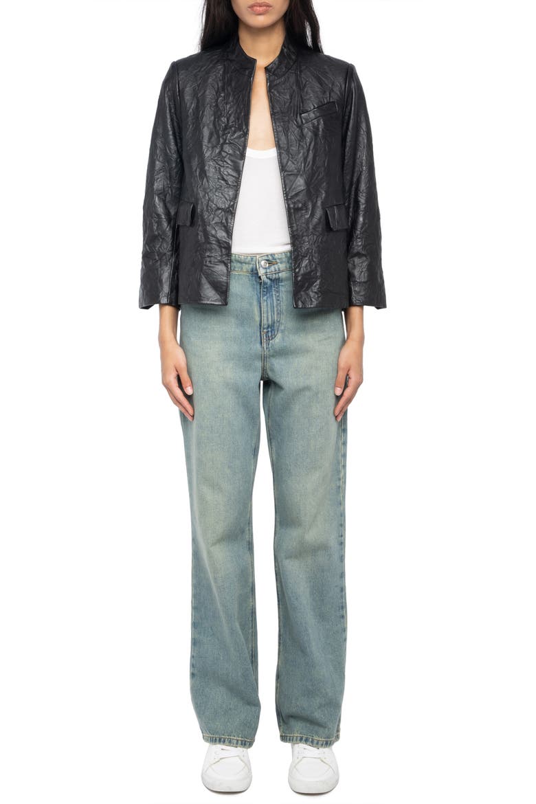 Veryn Cuir Crinkled Leather Jacket, Alternate, color, BLACK