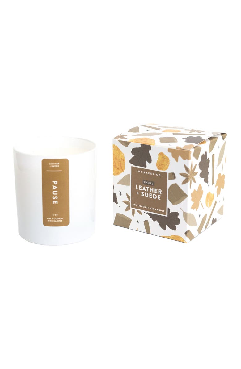 Joy Paper Co. Pause Leather Suede Coconut Soy Candle, Alternate, color, White With Gold