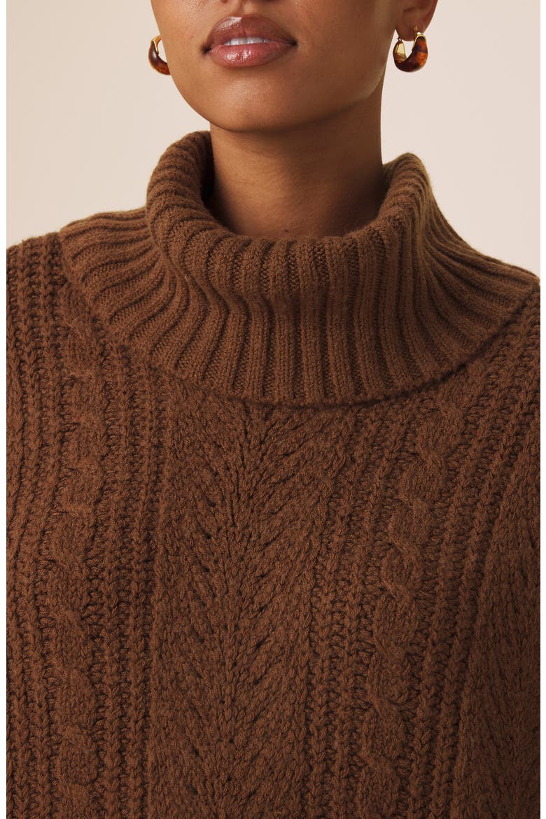 Rosalina Cable Stitch Short Sleeve Turtleneck Sweater, Alternate, color, DARK SADDLE BROWN