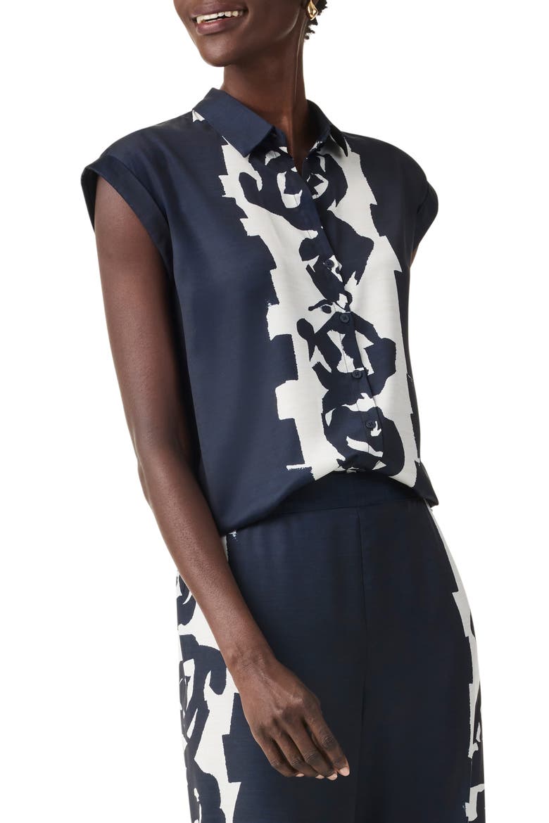 Rose Bloom Print Sleeveless Button-Up Shirt, Main, color, INDIGO MULTI