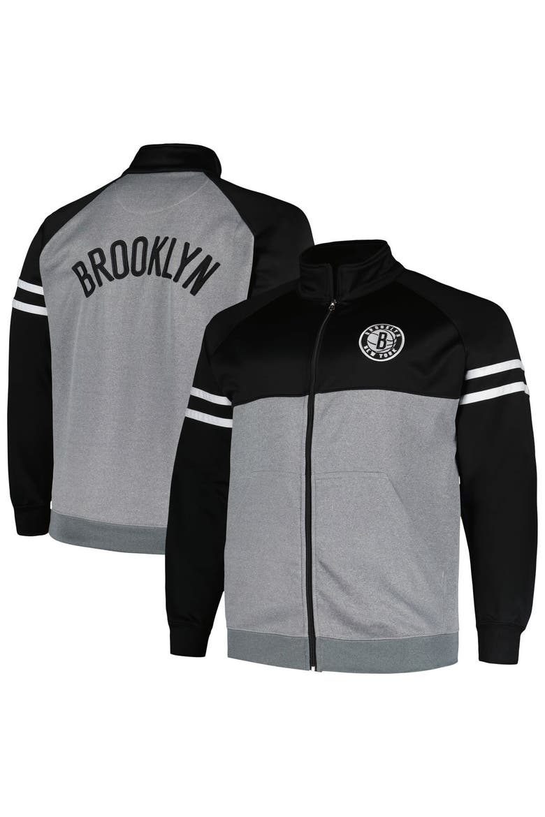 Men's Fanatics Branded Black/Heather Gray Brooklyn Nets Big & Tall Pieced Stripe Raglan Full-Zip Track Jacket, Main, color, Black