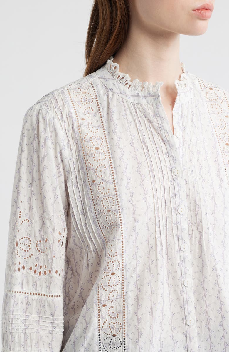 LoveShackFancy Lal Floral Embroidered Eyelet Cotton Button-Up Shirt, Alternate, color, Blue Bonnet
