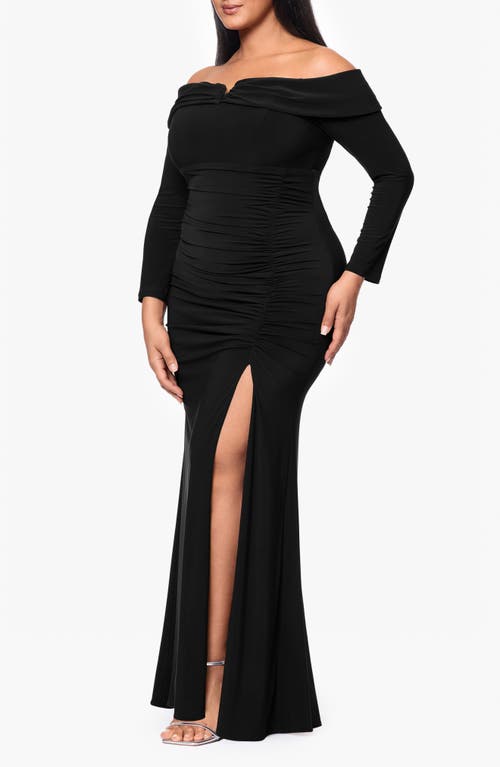 Xscape Evenings Ruched Off The Shoulder Long Sleeve Sheath Gown In Black
