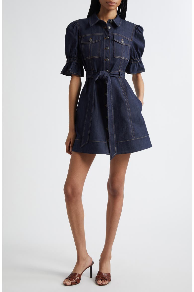 Holly Puff Sleeve Belted Denim Shirtdress, Main, color, INDIGO