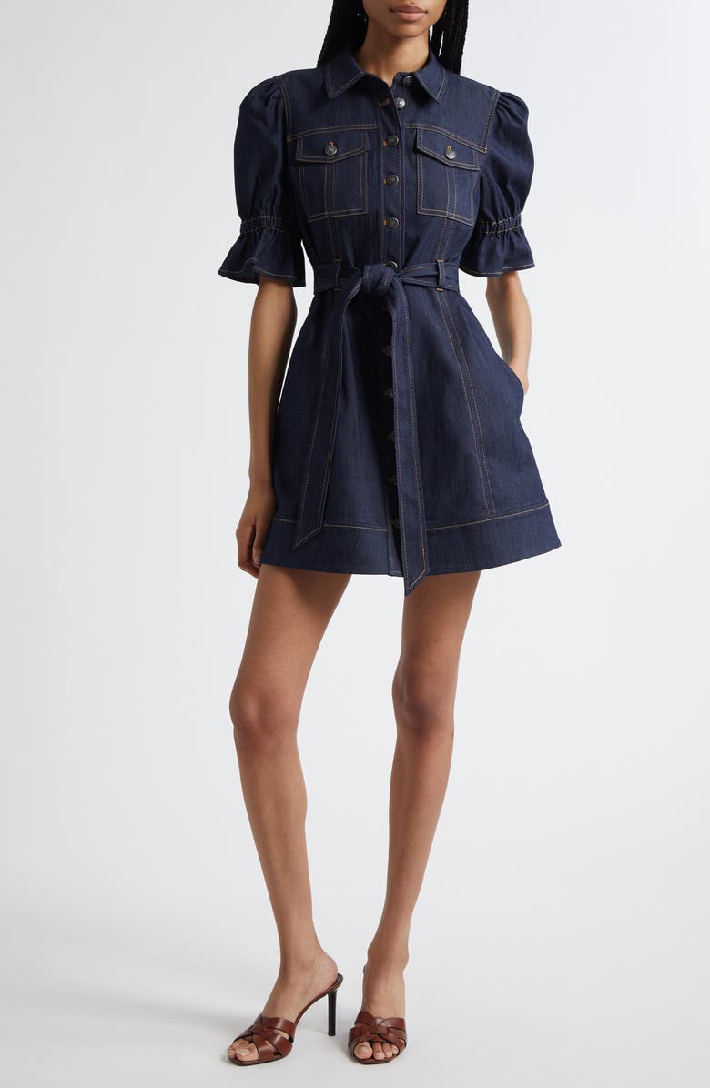 Cinq à Sept Holly Puff Sleeve Belted Denim Shirtdress, Main, color, 