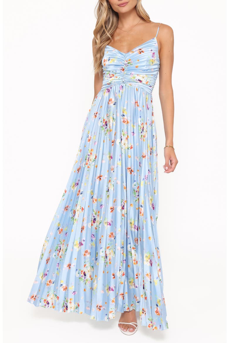 Naira Floral Pleated Maxi Dress, Main, color, CORNFLOWER BLUE FLORAL