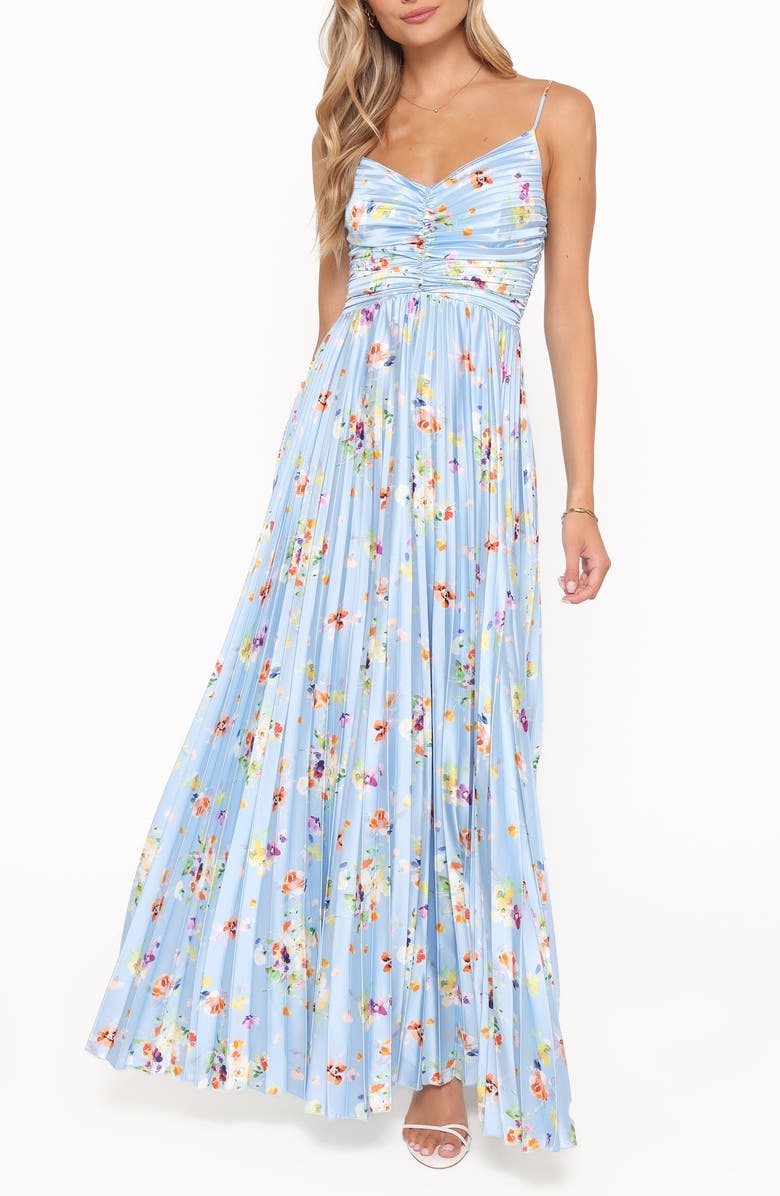 Petal & Pup Naira Floral Pleated Maxi Dress, Main, color, Cornflower Blue Floral