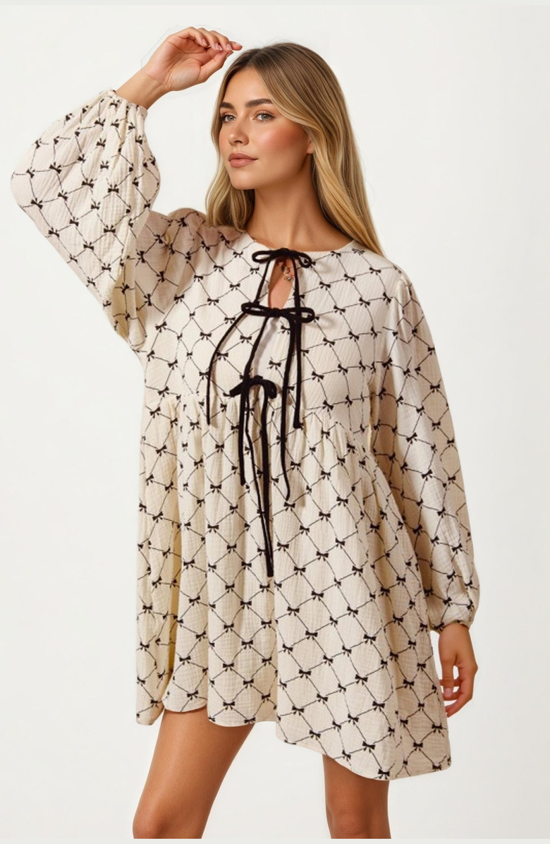 Knit and Lounge Bow Tie Front Soft Diamond Pattern Mini Dress, Alternate, color, Cream / Black Bow