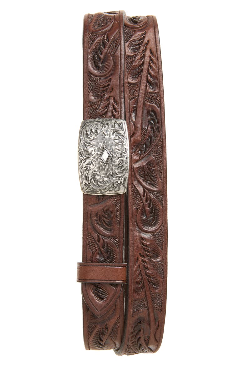 Coleman Tooled Leather Belt, Main, color, BROWN