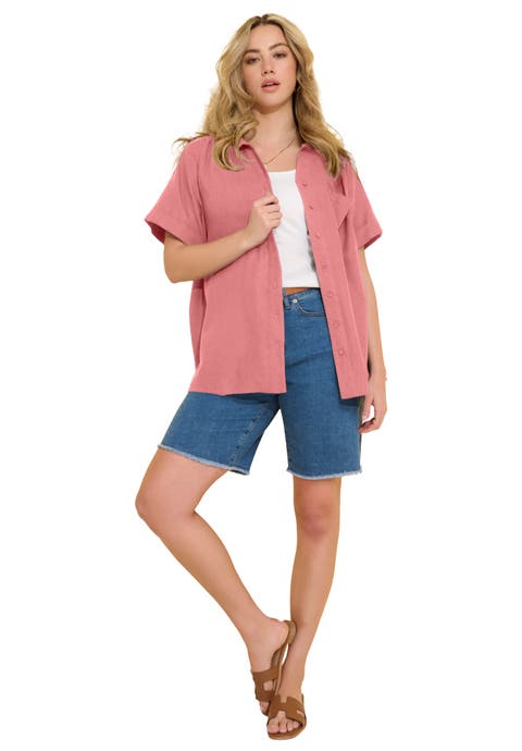 Plus Size Linen Blend Short Sleeve Button Front Shirt