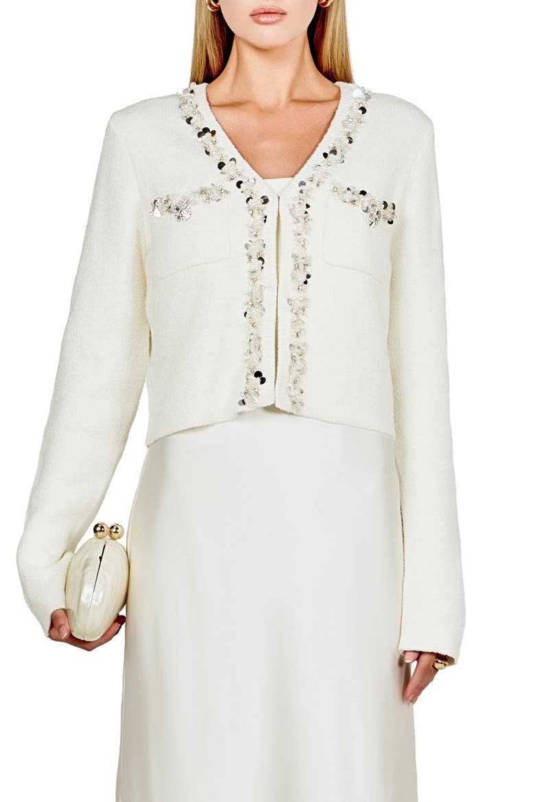 Jewel Trim Bouclé Cardigan, Main, color, IVORY