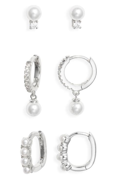 Set of 3 Imitation Pearl & Cubic Zirconia Earrings