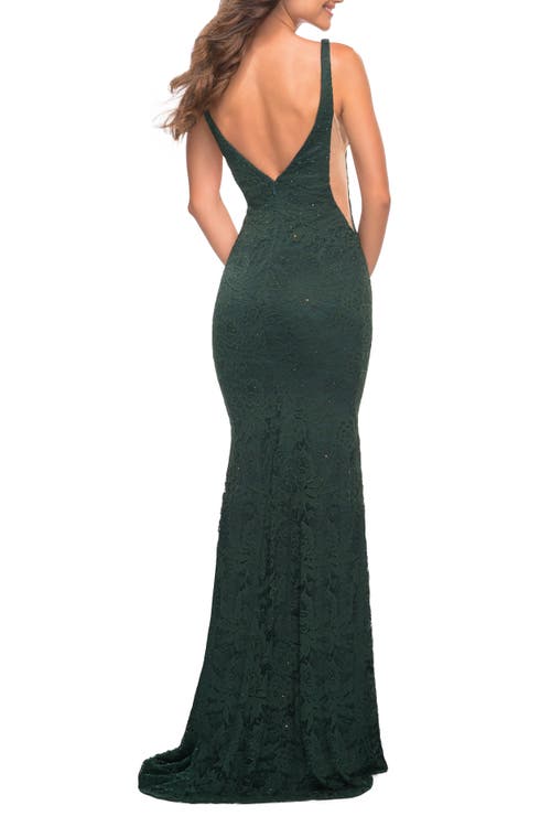 La Femme Chic Stretch Lace Gown With Deep V Neckline In Dark Emerald