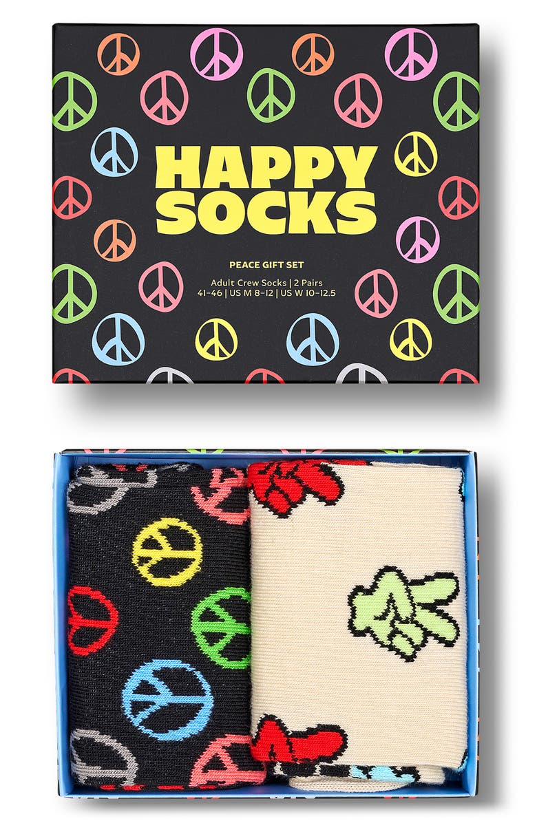 Happy Socks Assorted 2-Pack Peace Crew Socks Gift Box, Main, color, Black