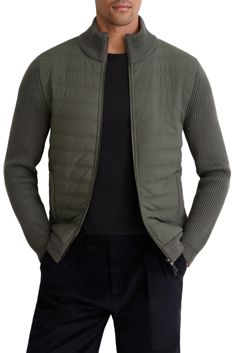 Townsend Hybrid Quilted & Rib Zip Jacket, Main, color, ARMY GREEN