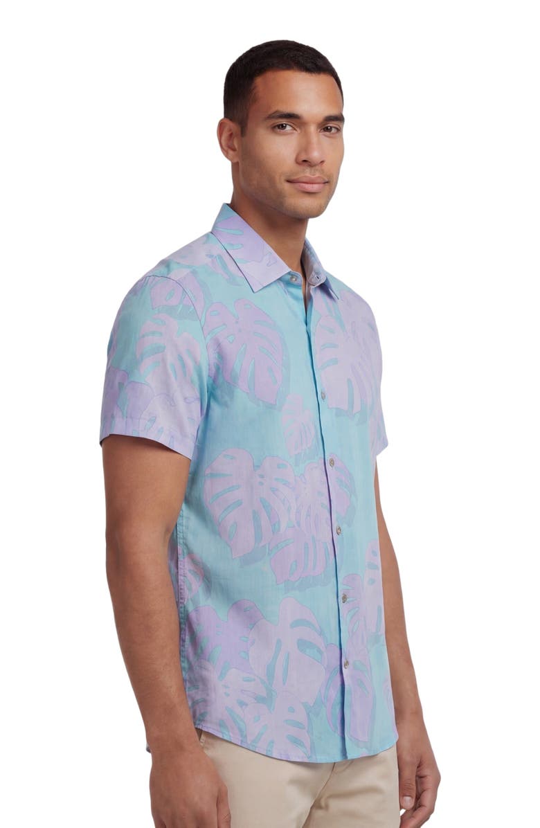 Lords of Harlech Monstera Floral Mens Linen Button-up Shirt, Alternate, color, Monstera Floral Teal