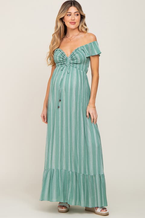 Striped Off Shoulder Front Tie Maxi Dress