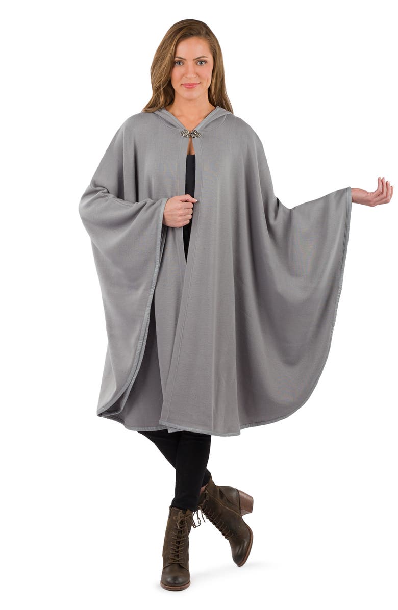 Patricia Nash Hooded Faux Leather Trim Cable Knit Cape, Alternate, color, Grey