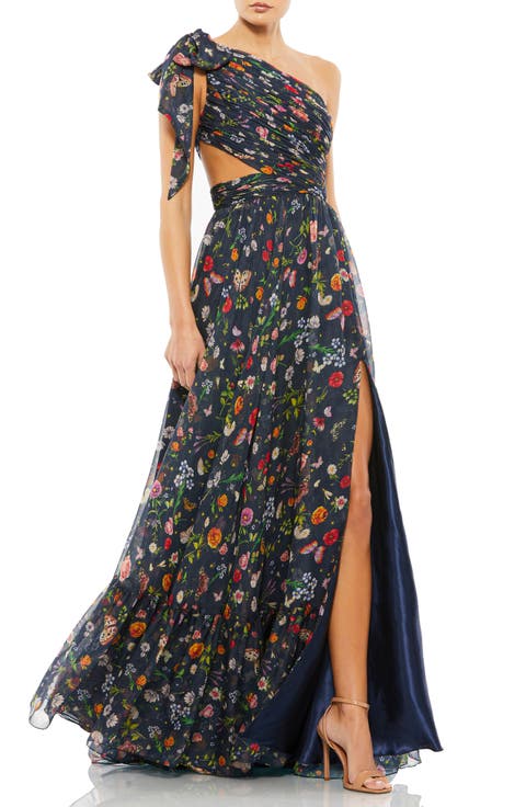 Tied One Shoulder Cut-Out Flowy Gown