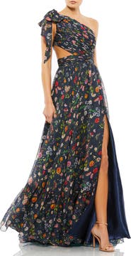 Mac Duggal Tied One Shoulder Cut-Out Flowy Gown