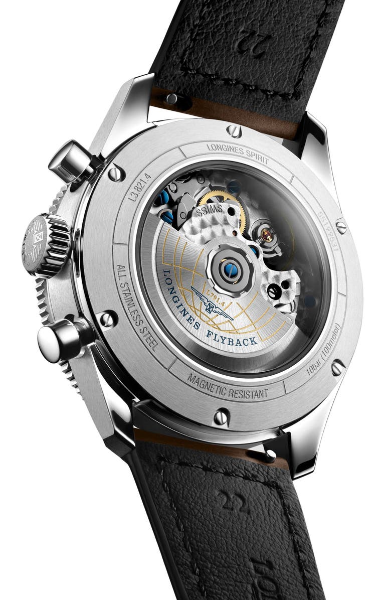 Longines Spirit Flyback Automatic Chronograph Leather Strap Watch, 42mm, Alternate, color, Black