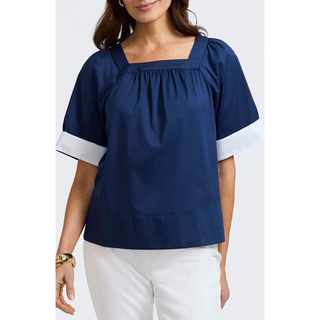 Shop Foxcroft Violet Square Neck Cotton Blend Top In Navy