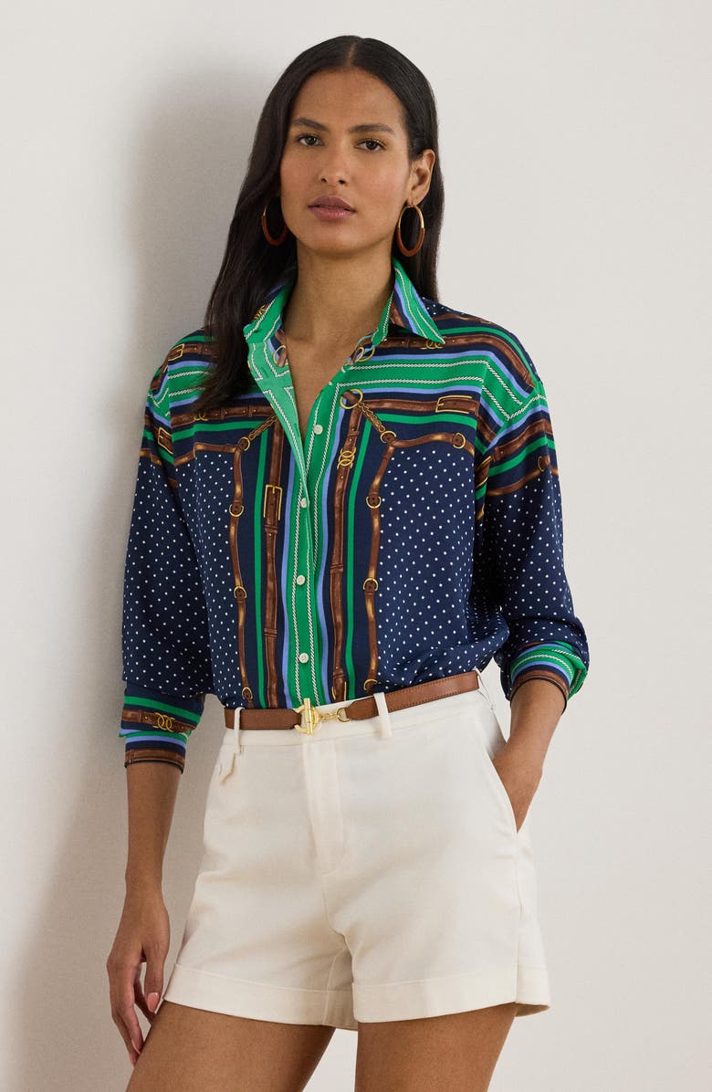 Lauren Ralph Lauren Kotta Mixed Print Crêpe de Chine Button-Up Shirt, Alternate, color, Blue Multi