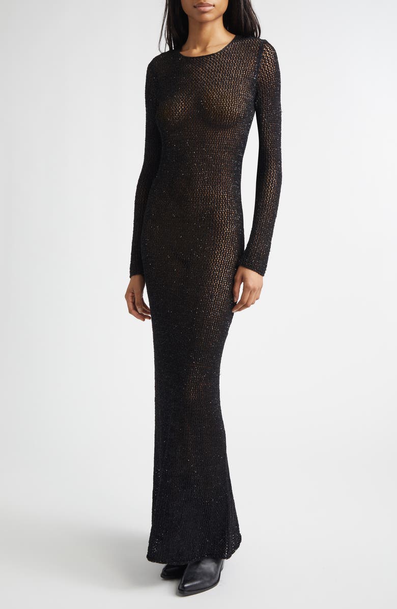 Golden Goose Journey Long Sleeve Sequin Open Stitch Dress, Alternate, color, Black