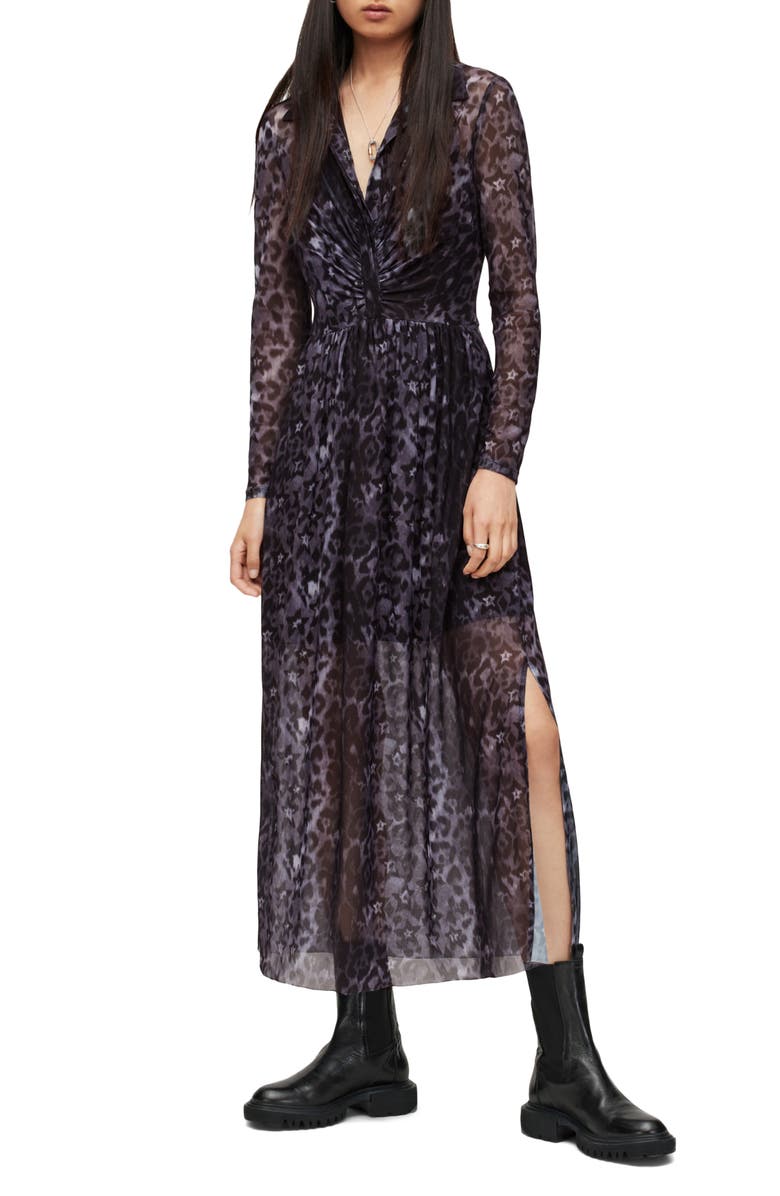 AllSaints Kelda Celia Leopard Star Long Sleeve Mesh Shirtdress, Alternate, color,