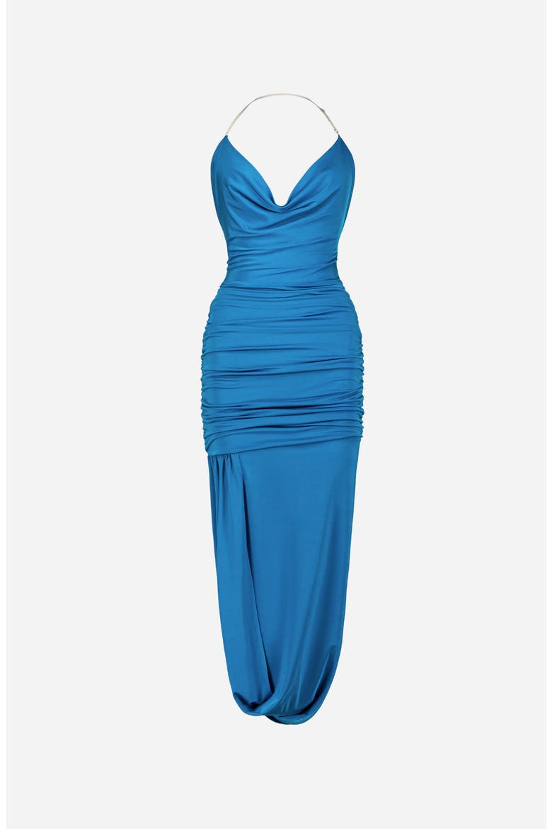 Romy Draped Midi Halterneck Dress, Main, color, Bright Blue