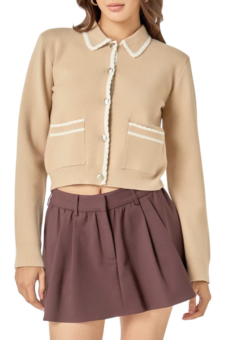Scallop Trim Cardigan, Main, color, TAN/ OFF WHITE