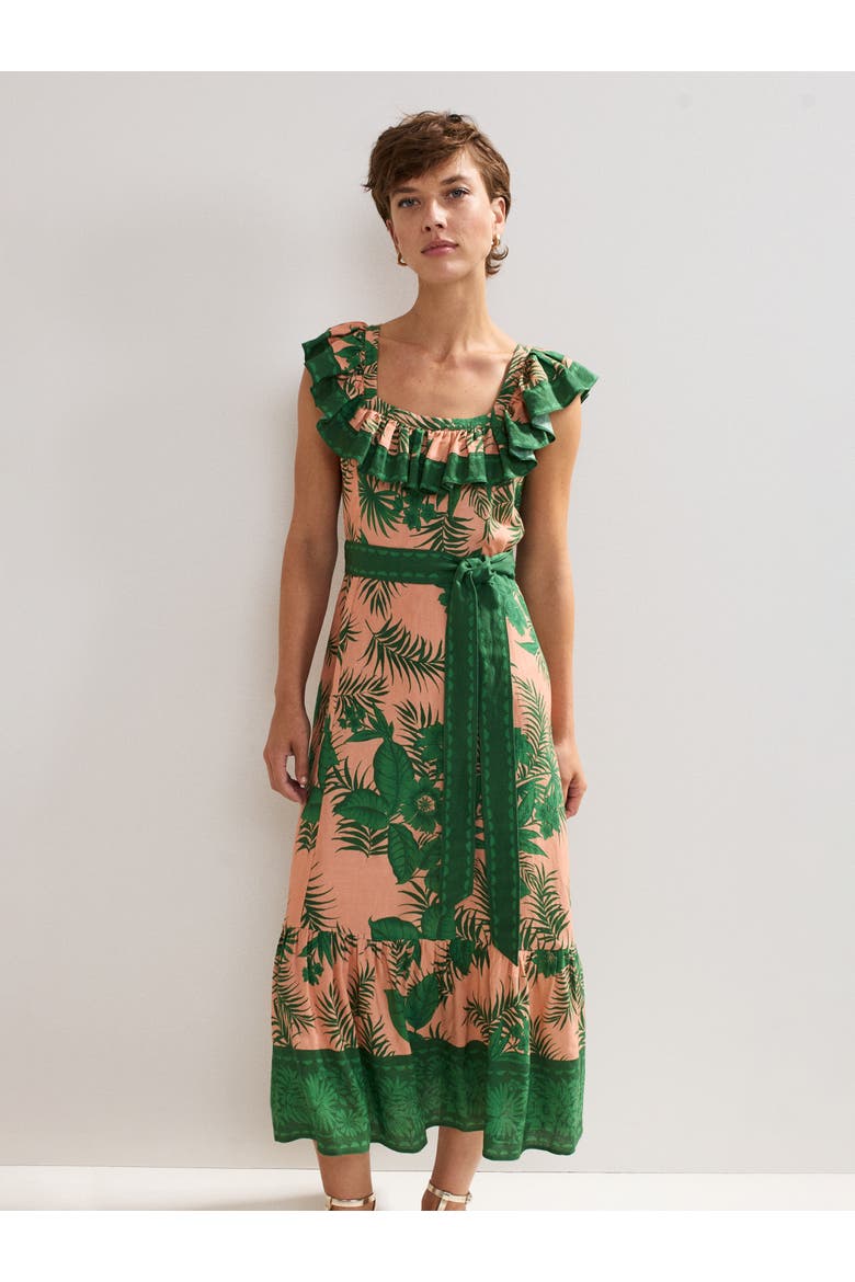 Sandra Ruffled Square Neck Midi Dress, Alternate, color, Coral