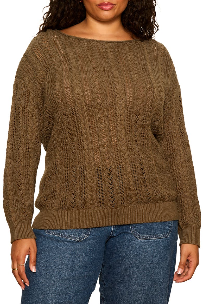 Cable Stitch Pointelle Sweater, Alternate, color, KALAMATA GREEN