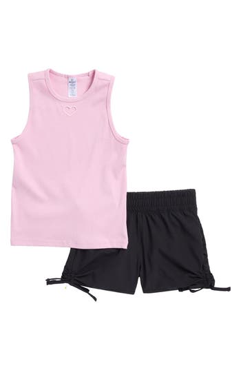 Shop 90 Degree By Reflex Kids' Rib Tank & Ruched Shorts Set In Pink Lavender/black