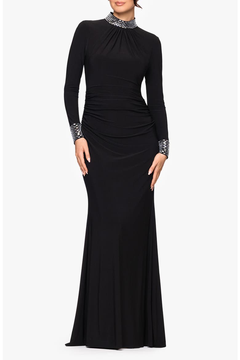 Ruched Beaded Long Sleeve Gown, Main, color, BLK/ SILVER