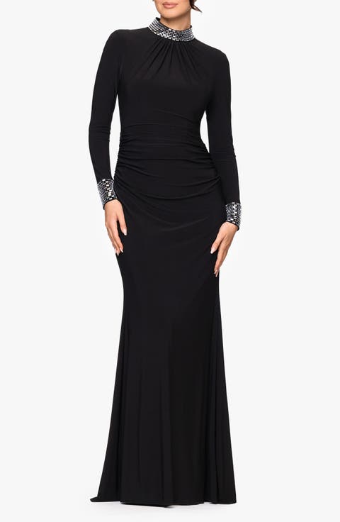 Ruched Beaded Long Sleeve Gown
