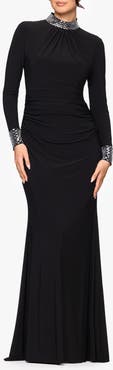 Betsy & Adam Ruched Beaded Long Sleeve Gown