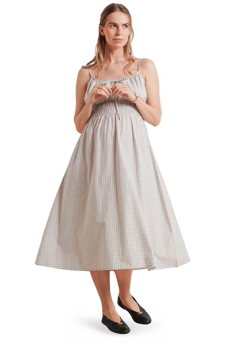 Roma Maternity & Nursing Sundress, Main, color, Taupe Gingham