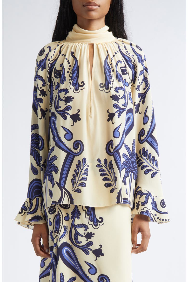 Ritmo Sol Floral Paisley Silk Crêpe de Chine Top, Main, color, ECRU / NAVY