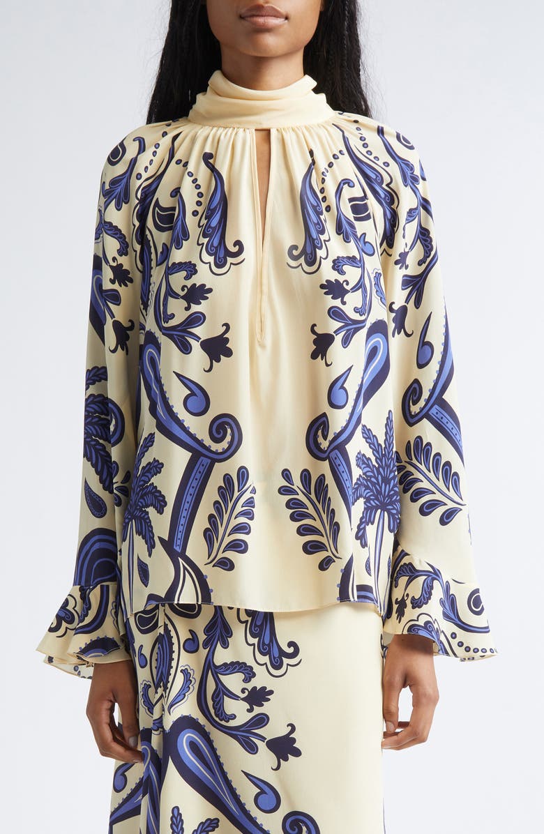Johanna Ortiz Ritmo Sol Floral Paisley Silk Crêpe de Chine Top, Main, color, Ecru / Navy