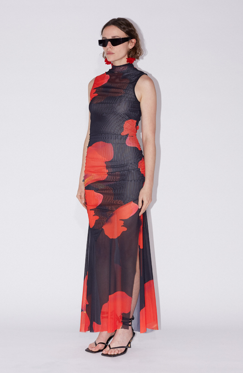 Saemdi Floral Printed Mesh Dress In Black