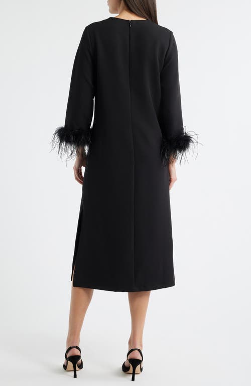Lucy Paris Mariam Feather Trim Long Sleeve Cocktail Midi Dress In Black