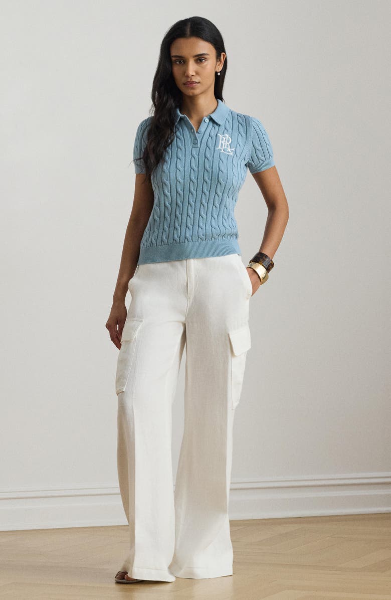 Lauren Ralph Lauren Natrissa Cable Knit Cotton Polo Sweater, Alternate, color, Blue Note