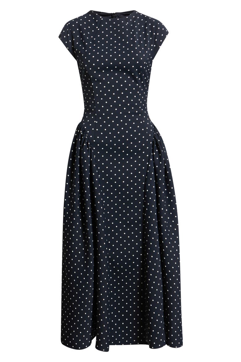 Polka Dot Drop Waist Fit & Flare Midi Dress, Alternate, color, NAVY POLKA DOT