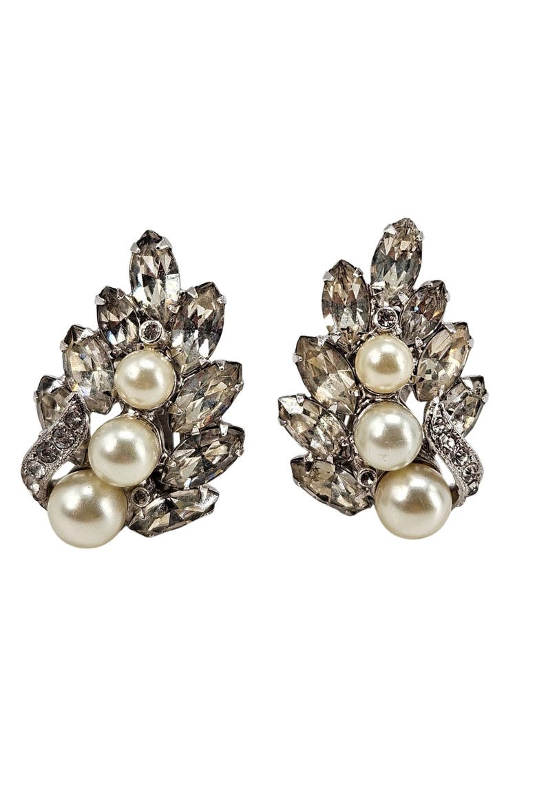 Vintage Clear Rhinestone & Pearl Earrings, Main, color, Silver