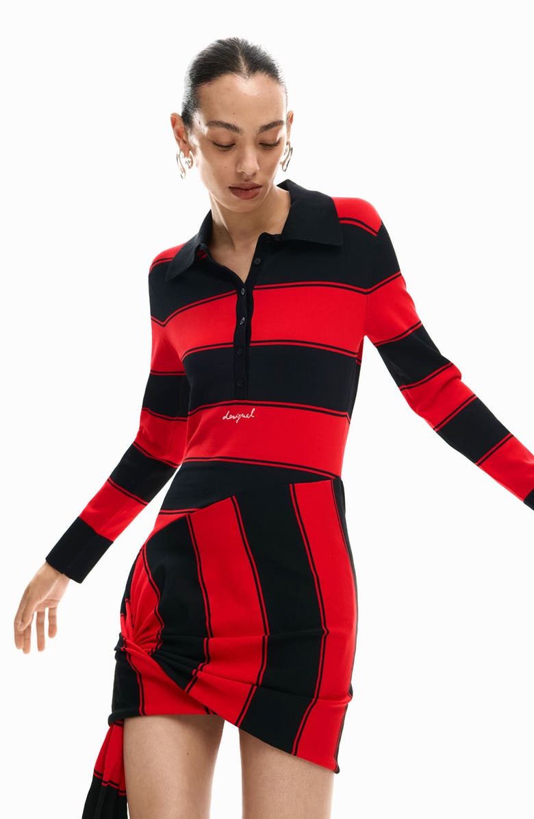 Desigual Stripe Side Drape Long Sleeve Minidress, Alternate, color, Red